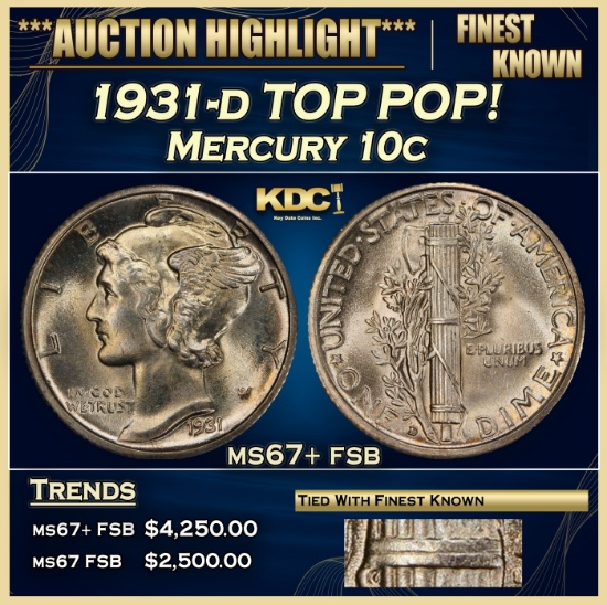 1931-d Mercury Dime TOP POP! 10c ms67+ fsb SEGS