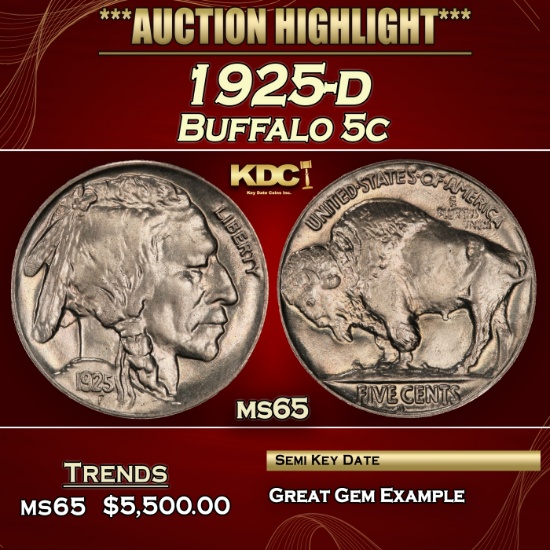1925-d Buffalo Nickel 5c ms65 SEGS
