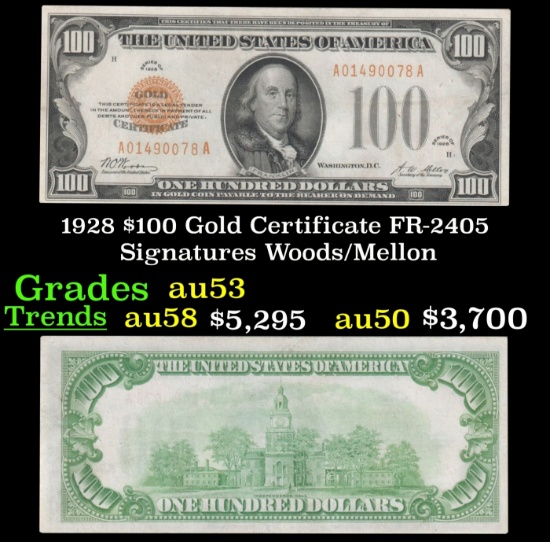 1928 $100 Gold Certificate FR-2405 Signatures Woods/Mellon Grades Select AU