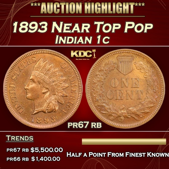 1893 Proof Indian Cent Near Top Pop 1c pr67 rb SEGS