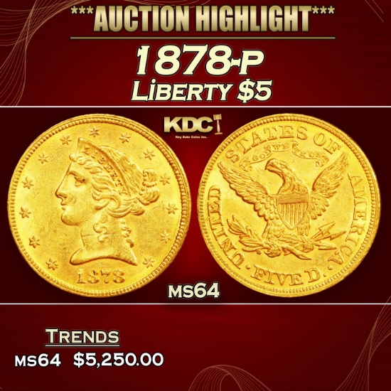 1878-p Gold Liberty Half Eagle $5 ms64 SEGS