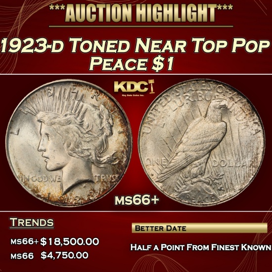 1923-d Peace Dollar Toned Near Top Pop $1 ms66+ SEGS