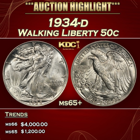 1934-d Walking Liberty Half Dollar 50c ms65+ SEGS