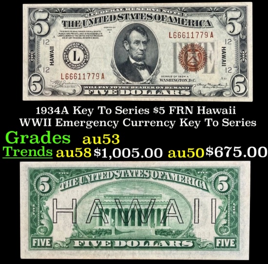 1934A $5 FRN Hawaii WWII Emergency Currency Key To Series Key To Series Grades Select AU