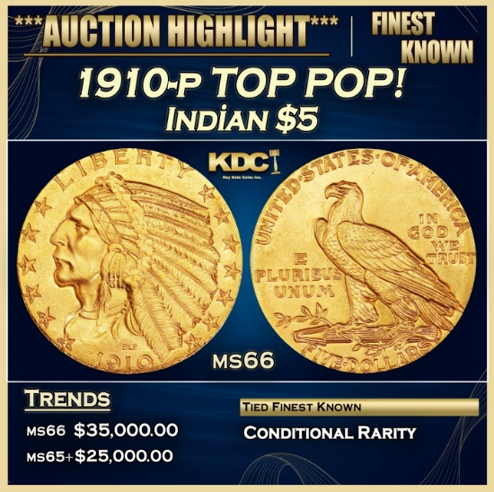 1910-p Gold Indian Half Eagle TOP POP! $5 ms66 USCG