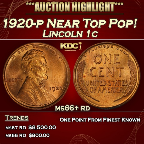 1920-p Lincoln Cent Near Top Pop! 1c ms66+ rd SEGS
