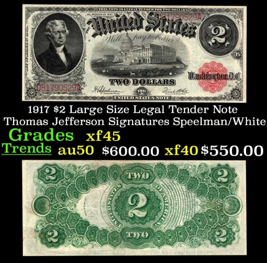 1917 $2 Large Size Legal Tender Note Thomas Jefferson Grades xf+ Signatures Speelman/White