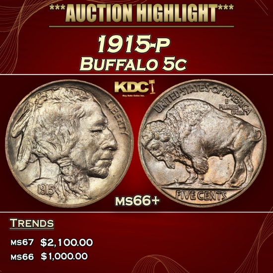 1915-p Buffalo Nickel 5c ms66+ SEGS