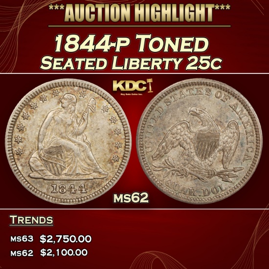 1844-p Seated Liberty Quarter Toned 25c ms62 USCG