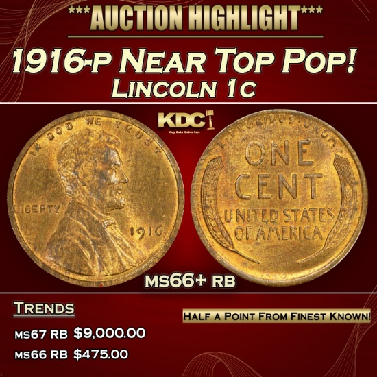 1916-p Lincoln Cent Near Top Pop! 1c ms66+ rb SEGS