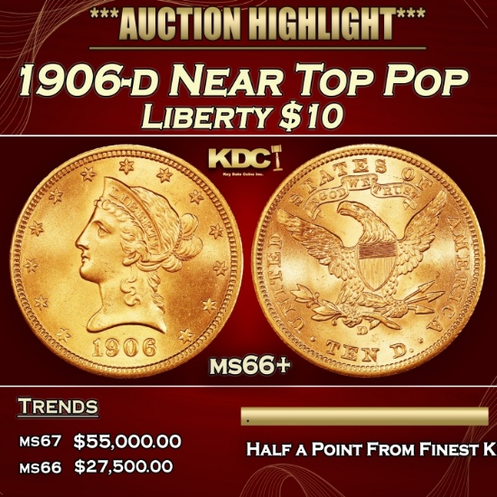 1906-d Gold Liberty Eagle Near Top Pop $10 ms66+ SEGS