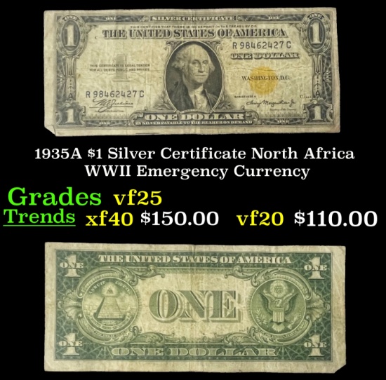 1935A $1 Silver Certificate North Africa WWII Emergency Currency Grades vf+