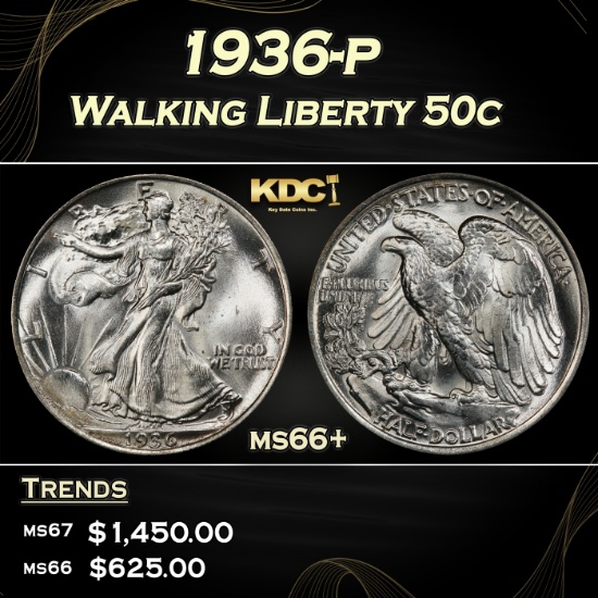 1936-p Walking Liberty Half Dollar 50c ms66+ SEGS