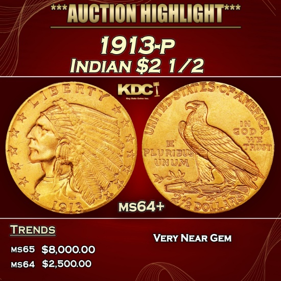 1913-p Gold Indian Quarter Eagle $2 1/2 ms64+ SEGS
