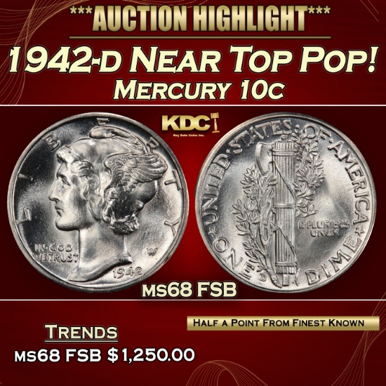 1942-d Mercury Dime Near Top Pop! 10c ms68 FSB SEGS