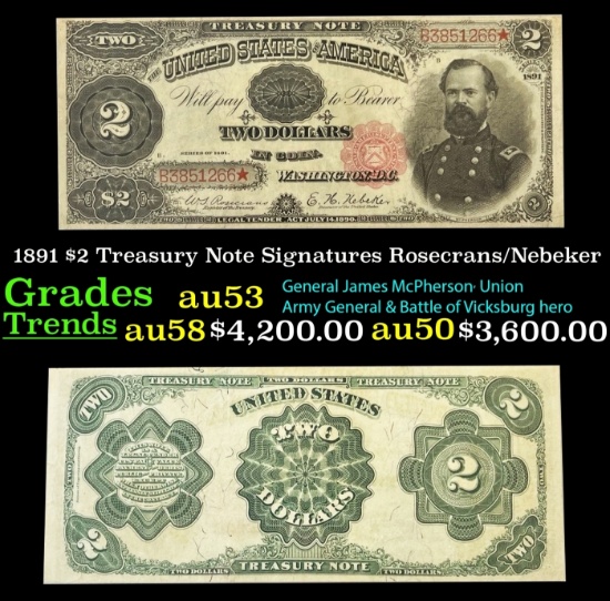 1891 $2 Treasury Note Grades Select AU Signatures Rosecrans/Nebeker