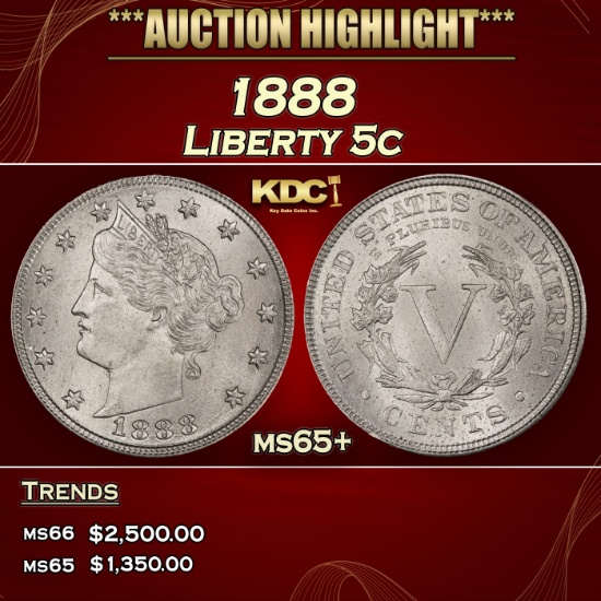 1888 Liberty Nickel 5c ms65+ SEGS