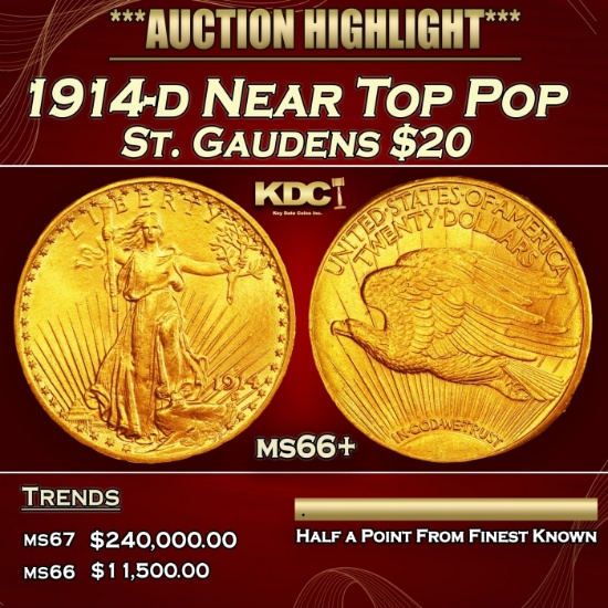 1914-d Gold St. Gaudens Double Eagle Near Top Pop $20 ms66+ SEGS
