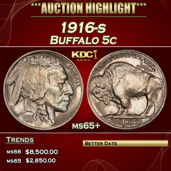 1916-s Buffalo Nickel 5c ms65+ SEGS