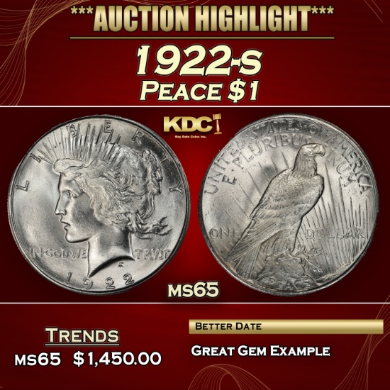 1922-s Peace Dollar $1 ms65 SEGS