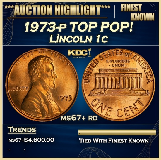 1973-p Lincoln Cent TOP POP! 1c ms67+ rd SEGS
