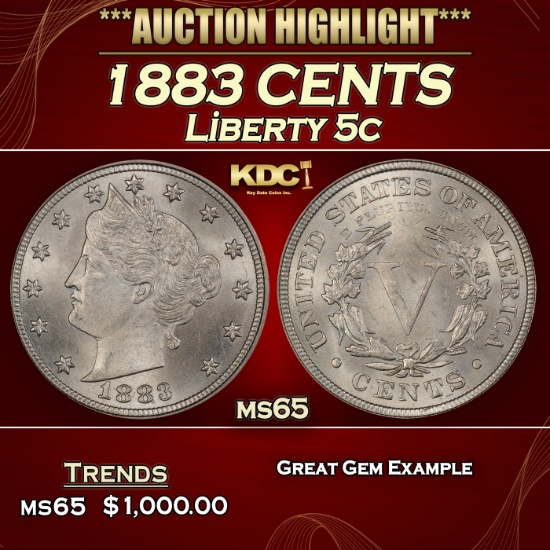 1883 CENTS Liberty Nickel 5c ms65 SEGS
