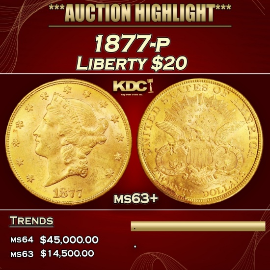 1877-p Gold Liberty Double Eagle $20 ms63+ SEGS