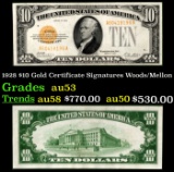 1928 $10 Gold Certificate Signatures Woods/Mellon Grades Select AU