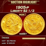 1905-p Gold Liberty Quarter Eagle $2 1/2 ms66+ SEGS