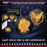1921 Morgan Dollar $1 Black Ruthenium & 24K Gold Plated Highlights w/ Box Grades Other Toy