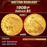 1908-p Gold Indian Half Eagle $5 ms66 USCG