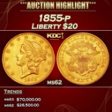1855-p Gold Liberty Double Eagle $20 ms62 SEGS