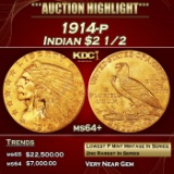 1914-p Gold Indian Quarter Eagle $2 1/2 ms64+ SEGS