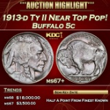 1913-d Ty II Buffalo Nickel Near Top Pop! 5c ms67+ SEGS