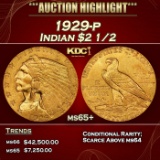 1929-p Gold Indian Quarter Eagle $2 1/2 ms65+ SEGS