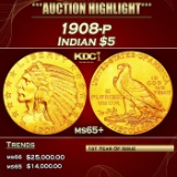 1908-p Gold Indian Half Eagle $5 ms65+ USCG