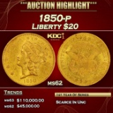 1850-p Gold Liberty Double Eagle $20 ms62 SEGS