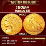 1908-p Gold Indian Half Eagle $5 ms64+ USCG