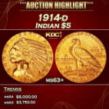 1914-d Gold Indian Half Eagle $5 ms63+ USCG