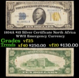 1934A $10 Silver Certificate North Africa WWII Emergency Currency Grades vf+