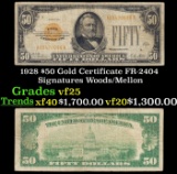 1928 $50 Gold Certificate FR-2404 Signatures Woods/Mellon Grades vf+