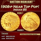 1908-p Gold Indian Half Eagle Near Top Pop! $5 ms66+ USCG