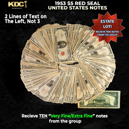10x 1953 $5 Red Seal United States Note Grades VF/XF