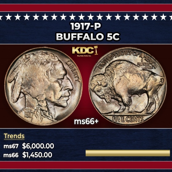 1917-p Buffalo Nickel 5c ms66+ SEGS