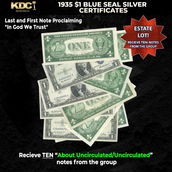 10x 1935 $1 Blue Seal Silver Certificates Grades AU/CU