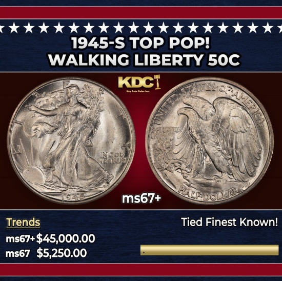 1945-s Walking Liberty Half Dollar TOP POP! 50c ms67+ SEGS