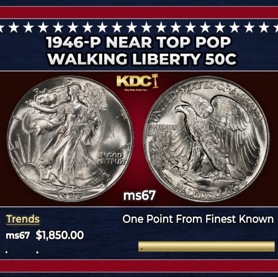 1946-p Walking Liberty Half Dollar Near Top Pop 50c ms67 SEGS