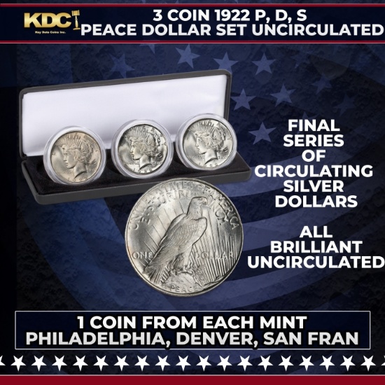 3 Coin 1922 P, D, S Peace Dollar Set, 1 Coin From Each Mint Uncirculated