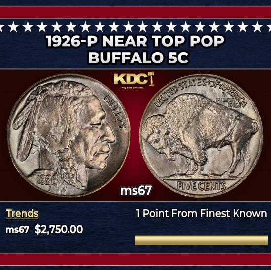 1926-p Buffalo Nickel Near Top Pop 5c ms67 SEGS