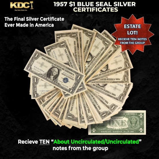 10x 1957 $1 Blue Seal Silver Certificates Grades AU/CU
